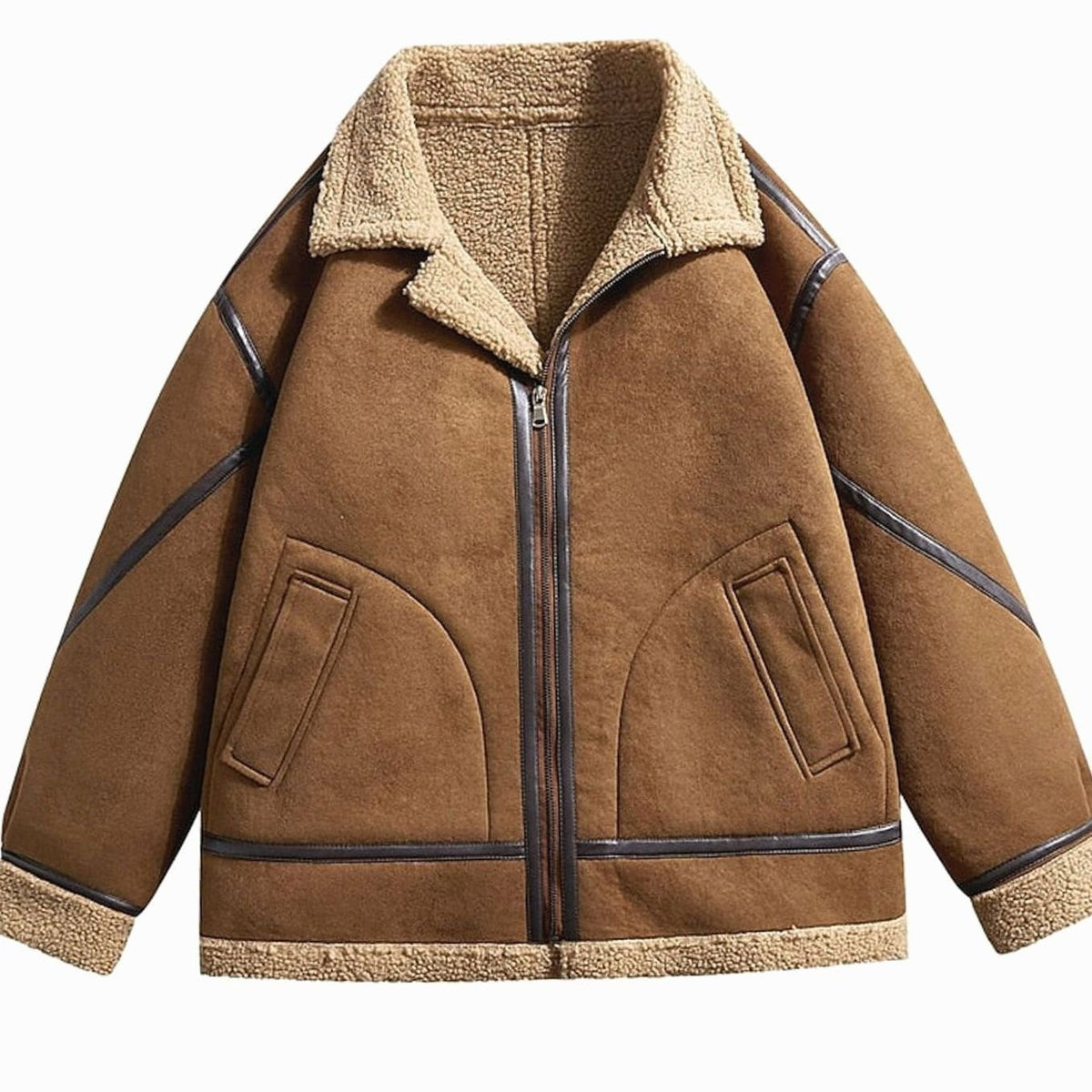 Detalle del forro sherpa color crema en el cuello de la chaqueta aviador