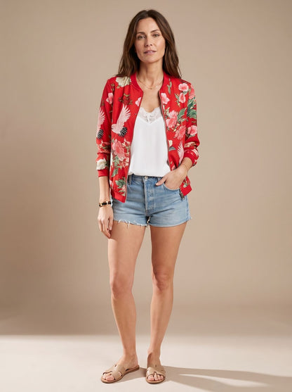 Cazadora bomber mujer con estampado floral de flores de cerezo y cierre de cremallera