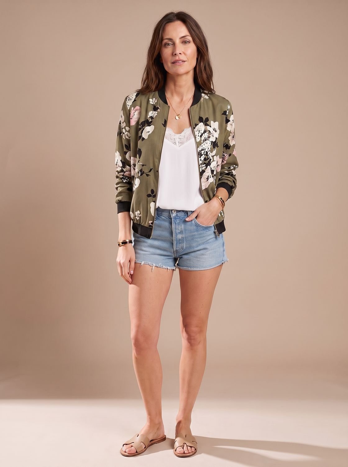 Cazadora bomber floral combinada con look casual de entretiempo