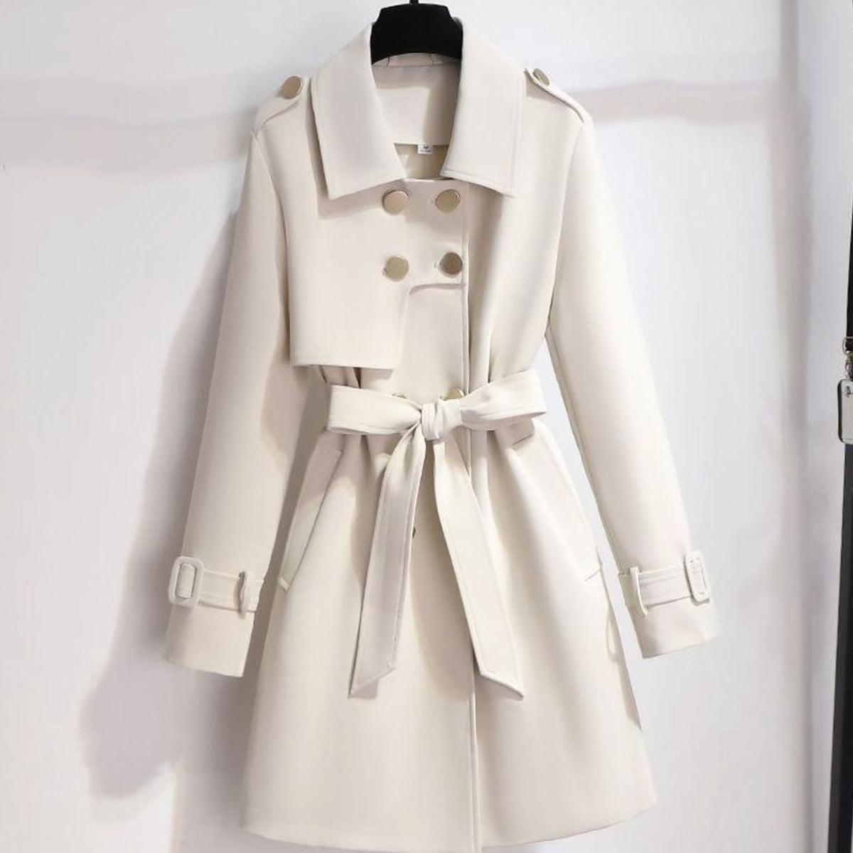 Mujer con gabardina cruzada blanca con cinturón y solapa ancha, largo midi