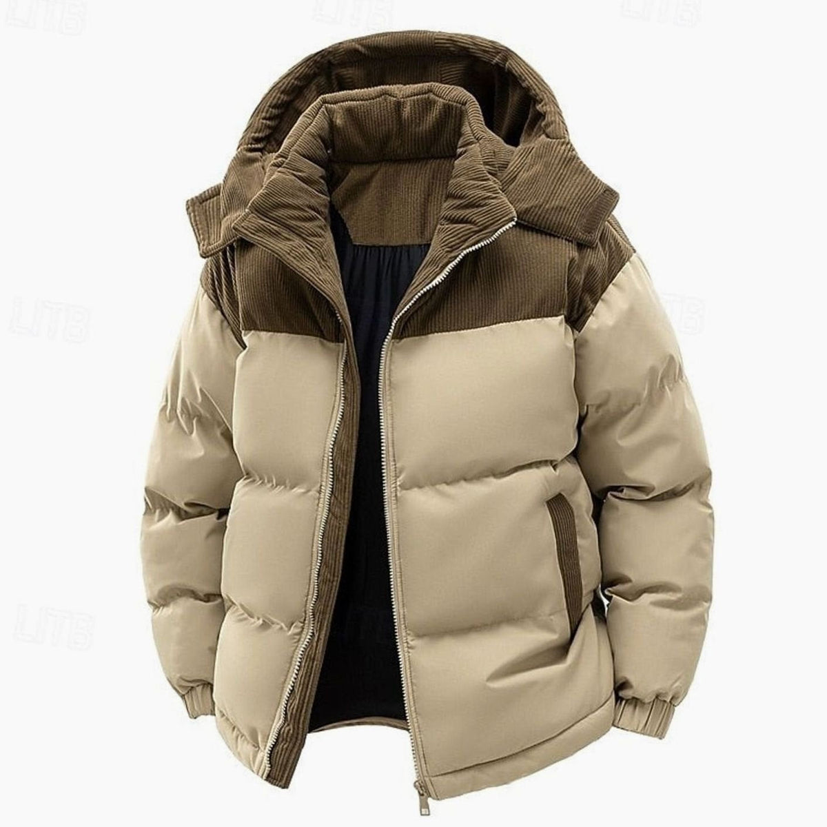 Chaqueta acolchada con capucha para hombre en color khaki con detalle de pana bicolor