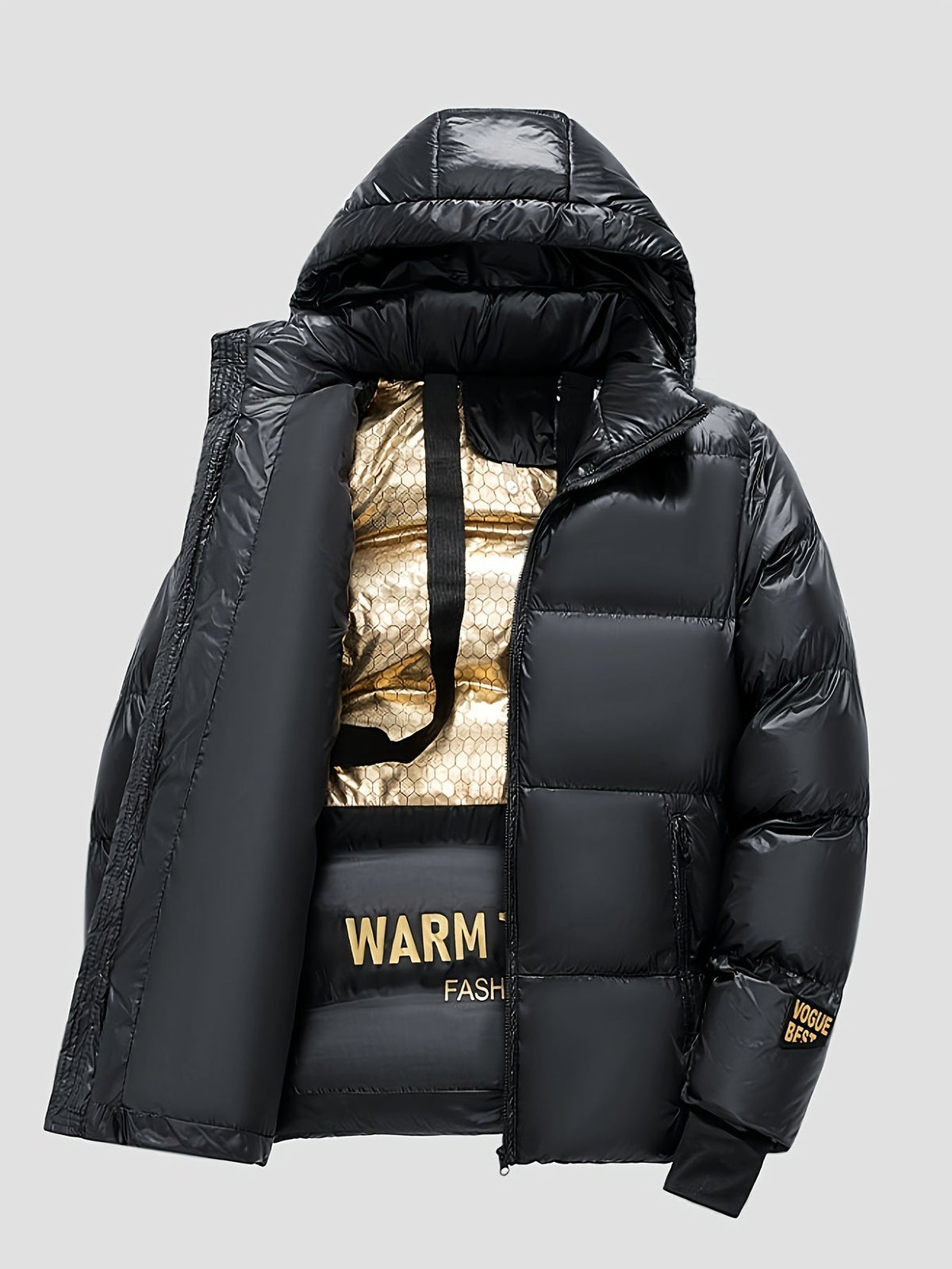 Abrigo puffer negro para hombre KALVIK con capucha ajustable y corte holgado