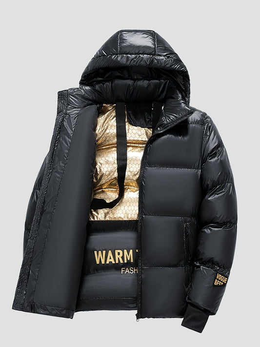Abrigo puffer negro para hombre KALVIK con capucha ajustable y corte holgado