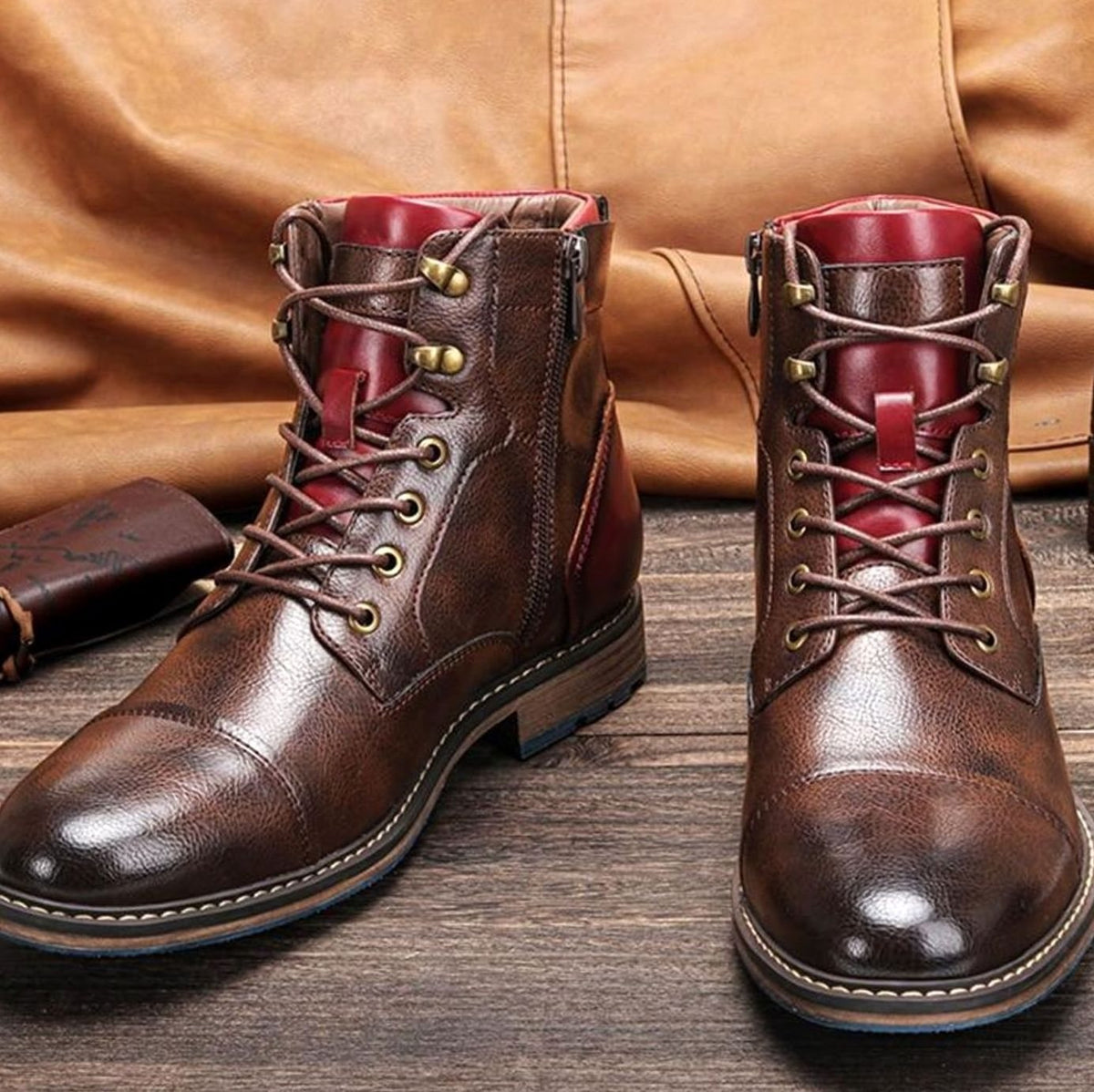 Botines KANE de piel marrón para hombre con cremallera lateral y cordones