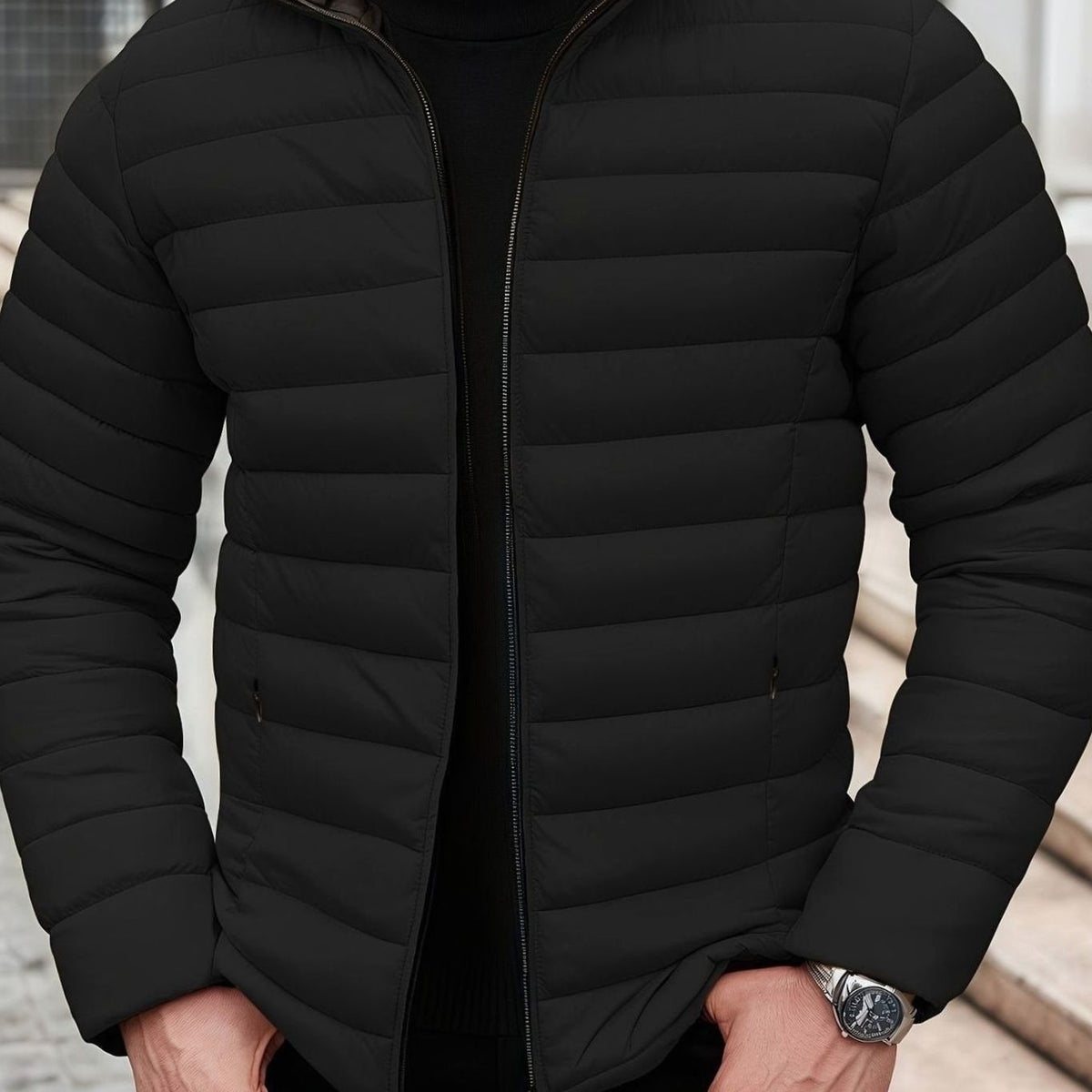 Detalle de cuello y cierre de la chaqueta acolchada KESTON