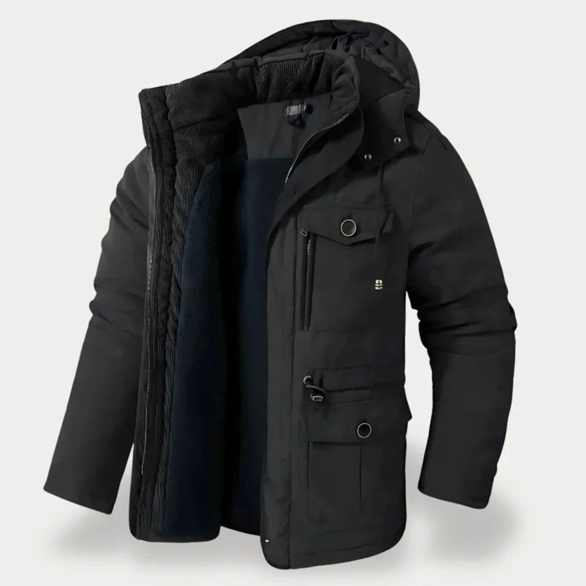 Parka acolchada con capucha para hombre en tono oscuro, vista frontal completa