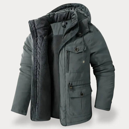 Vista lateral de la parka con capucha y cintura ajustable con cordón