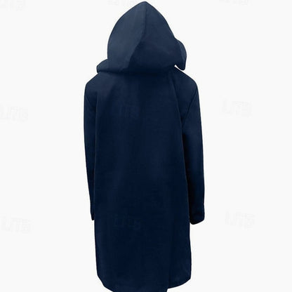 Abrigo largo de hombre en color negro con capucha y cierre toggle