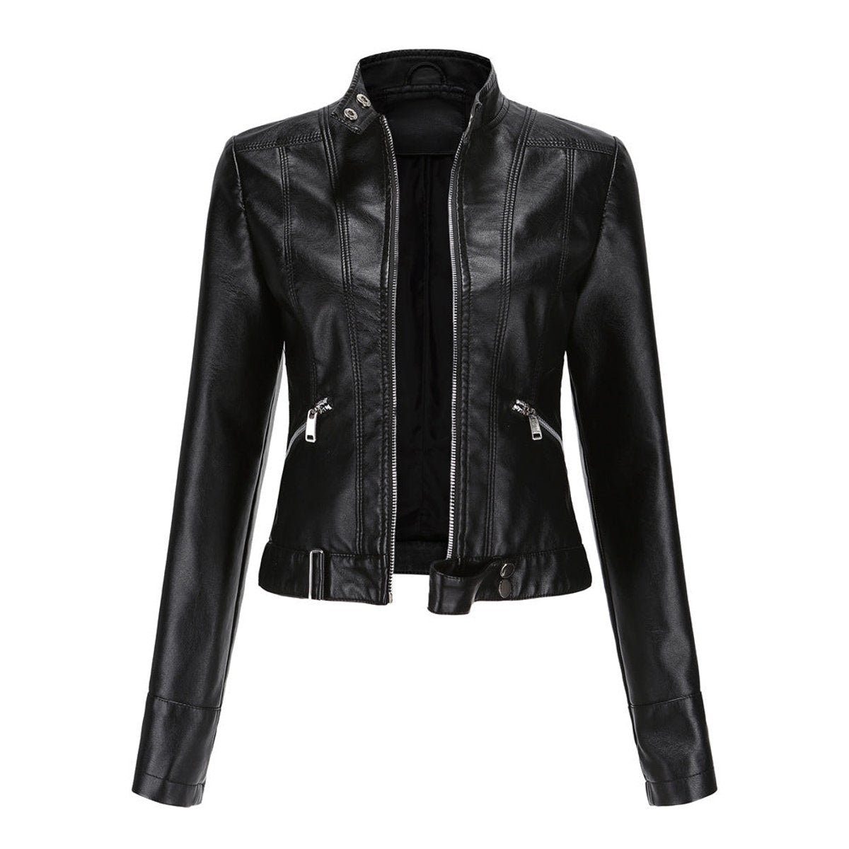 Chaqueta moto cropped mujer con cuello mao y cierre de cremallera