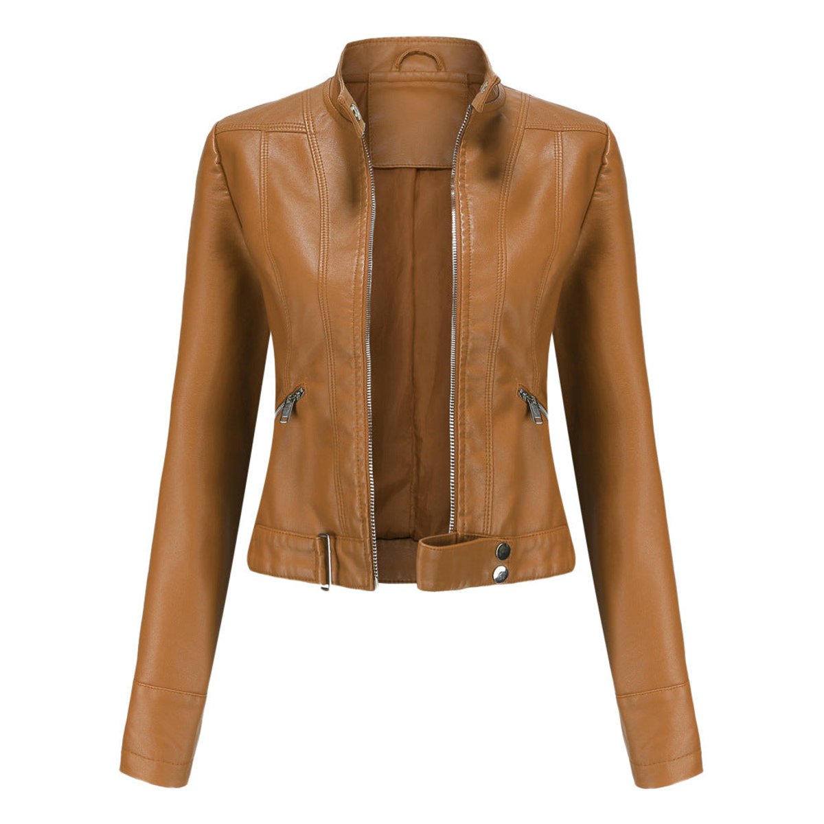 Detalle del cuello mao de la chaqueta moto corta