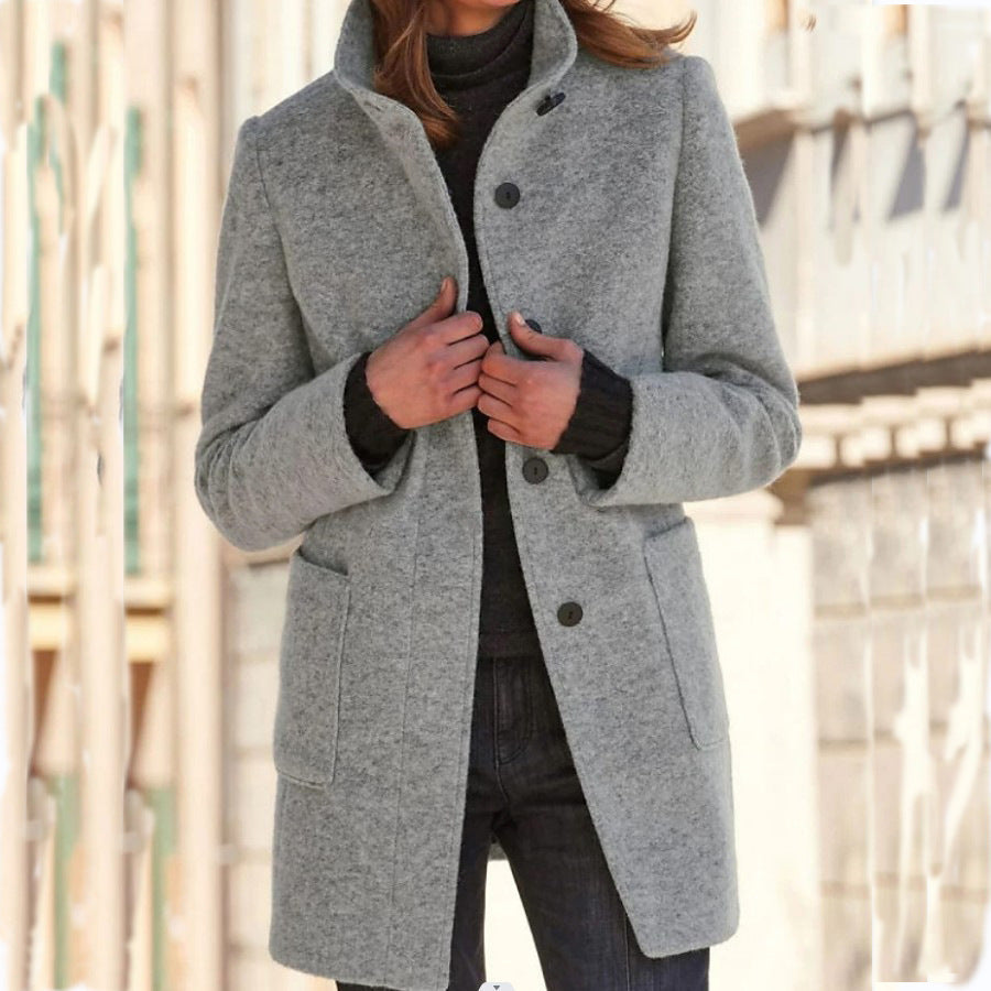 Abrigo de lana para mujer con cuello alto y botones sólidos, estilo clásico de invierno