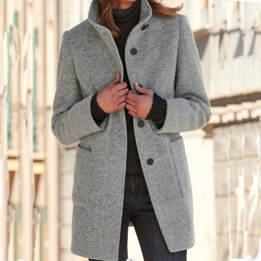 Abrigo de lana para mujer con cuello alto y botones sólidos, estilo clásico de invierno