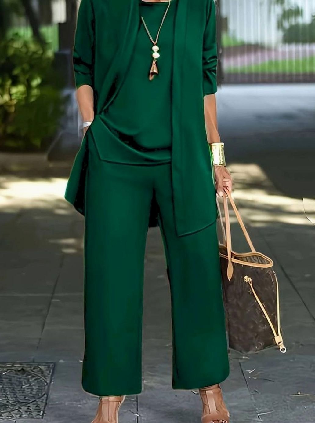 Conjunto de 3 piezas para mujer con top, pantalón ancho y cárdigan a juego
