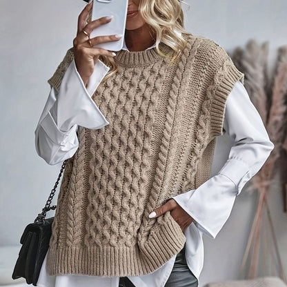 Chaleco de punto trenzado mujer con cuello alto ribeteado, modelo LUNA