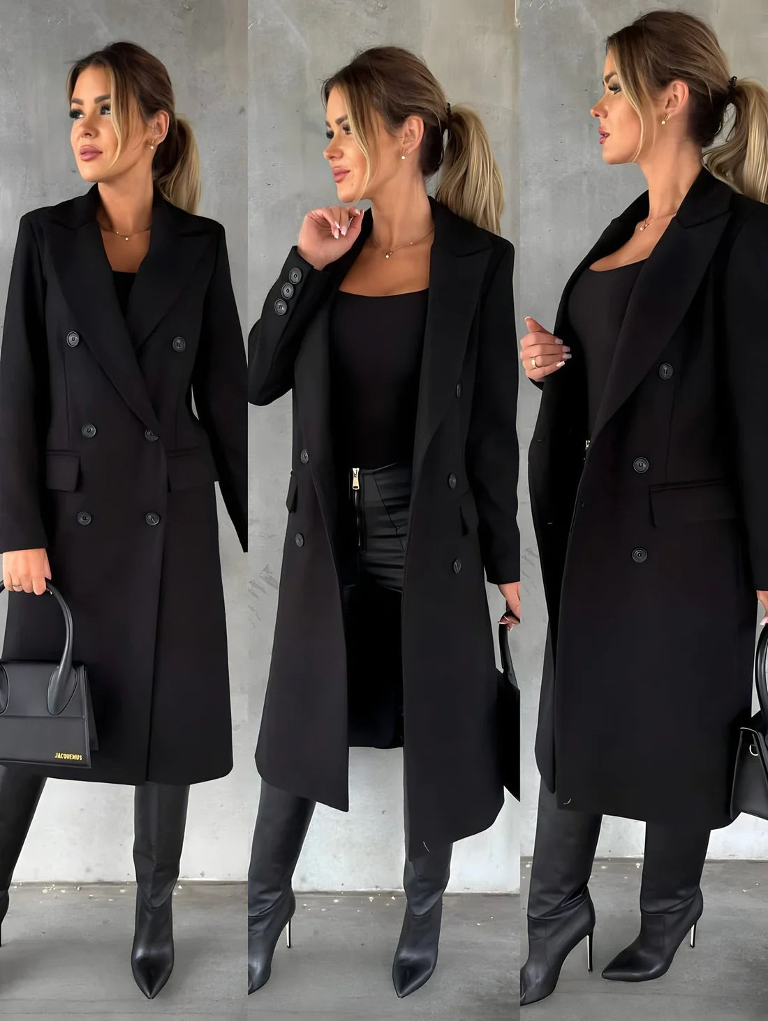 Mujer luciendo abrigo elegante de otoño e invierno