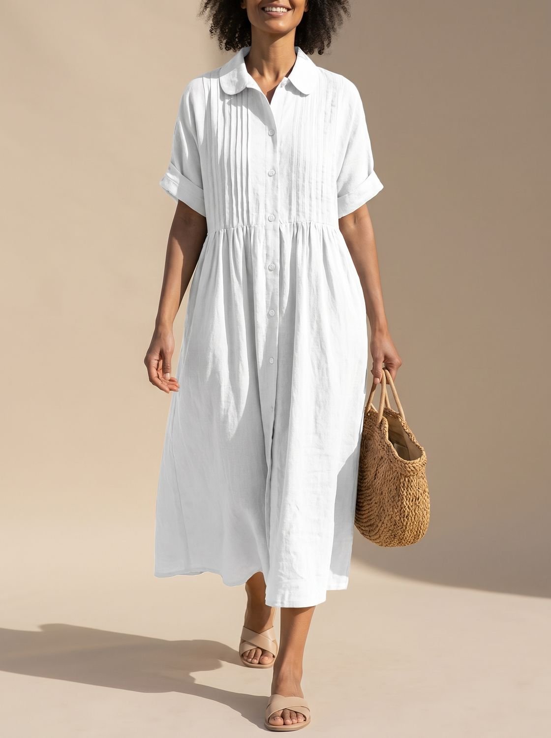 Vestido camisero midi de algodón con botones y cuello para mujer