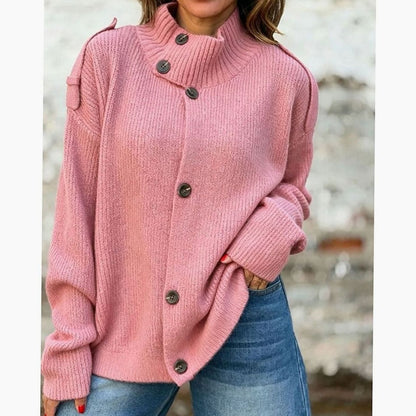 Cárdigan de punto canalé oversize con cuello alto abotonado para mujer