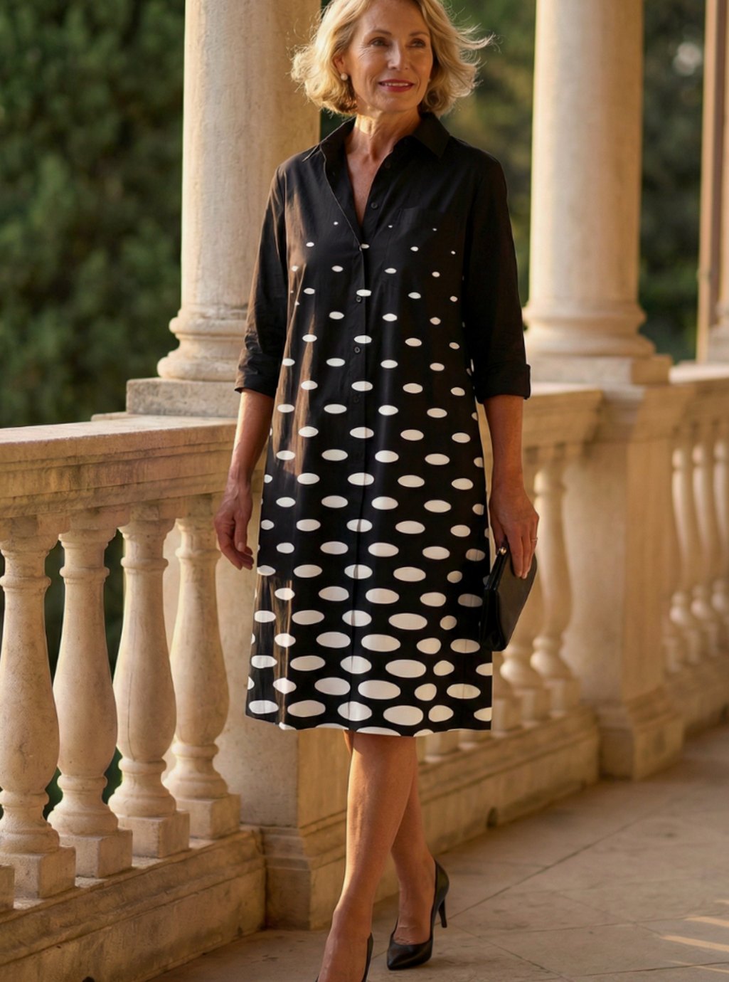 Vestido camisero de lunares MILENA con cuello y mangas tres cuartos