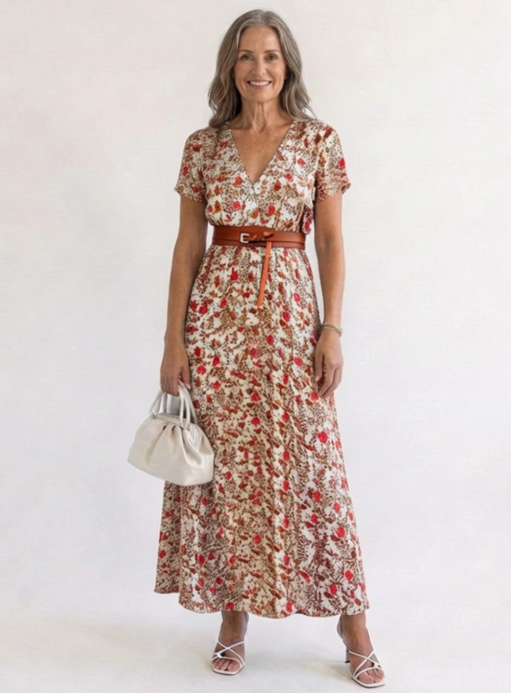 Vestido midi floral con escote en V y manga corta para mujer