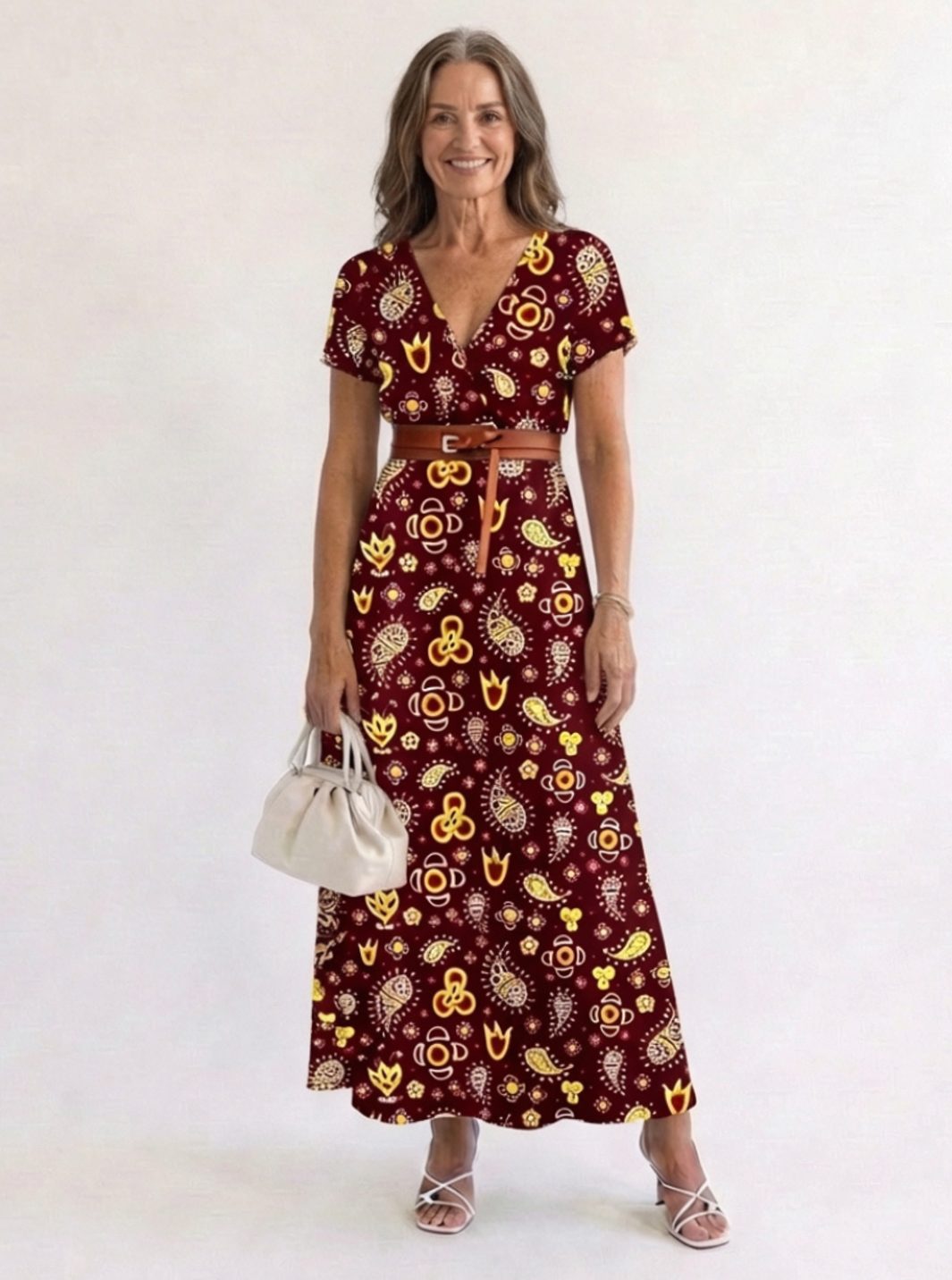 Vista lateral del vestido midi floral con manga corta