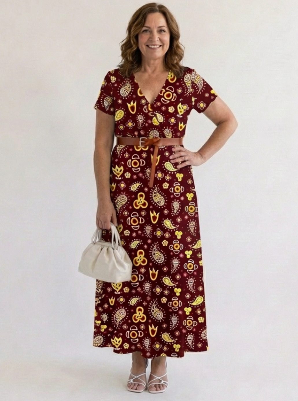 Vestido midi floral estilizado para evento de jardín