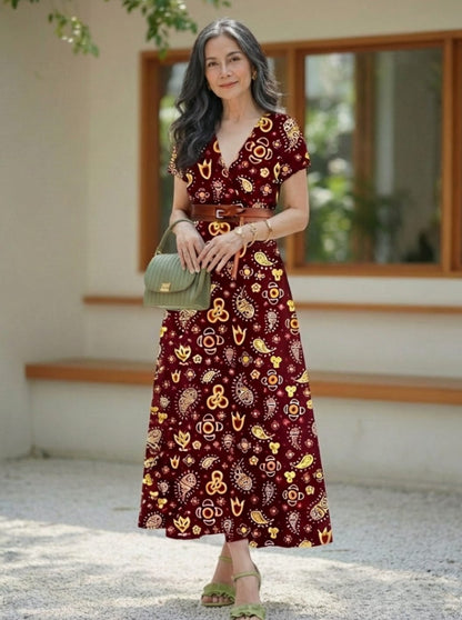 Vestido floral midi en color burdeos y rojo