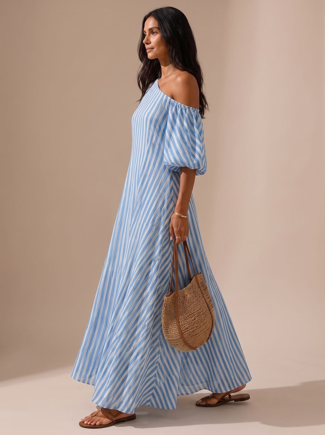 Vestido maxi MYKONOS con mangas abullonadas y estampado de rayas