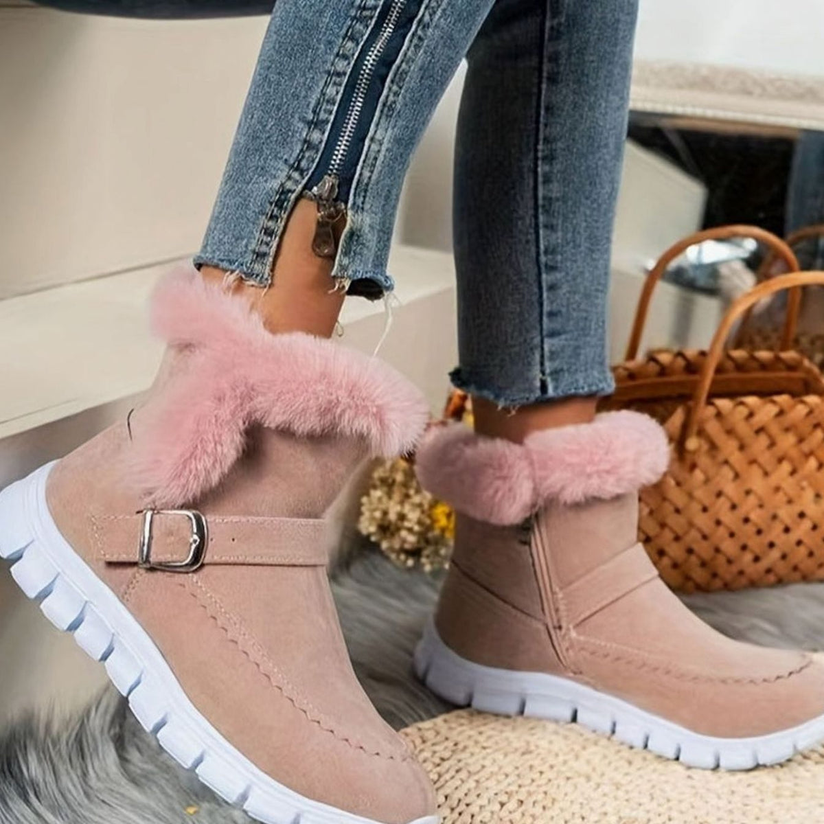 Hebilla decorativa plateada en botín de invierno para mujer