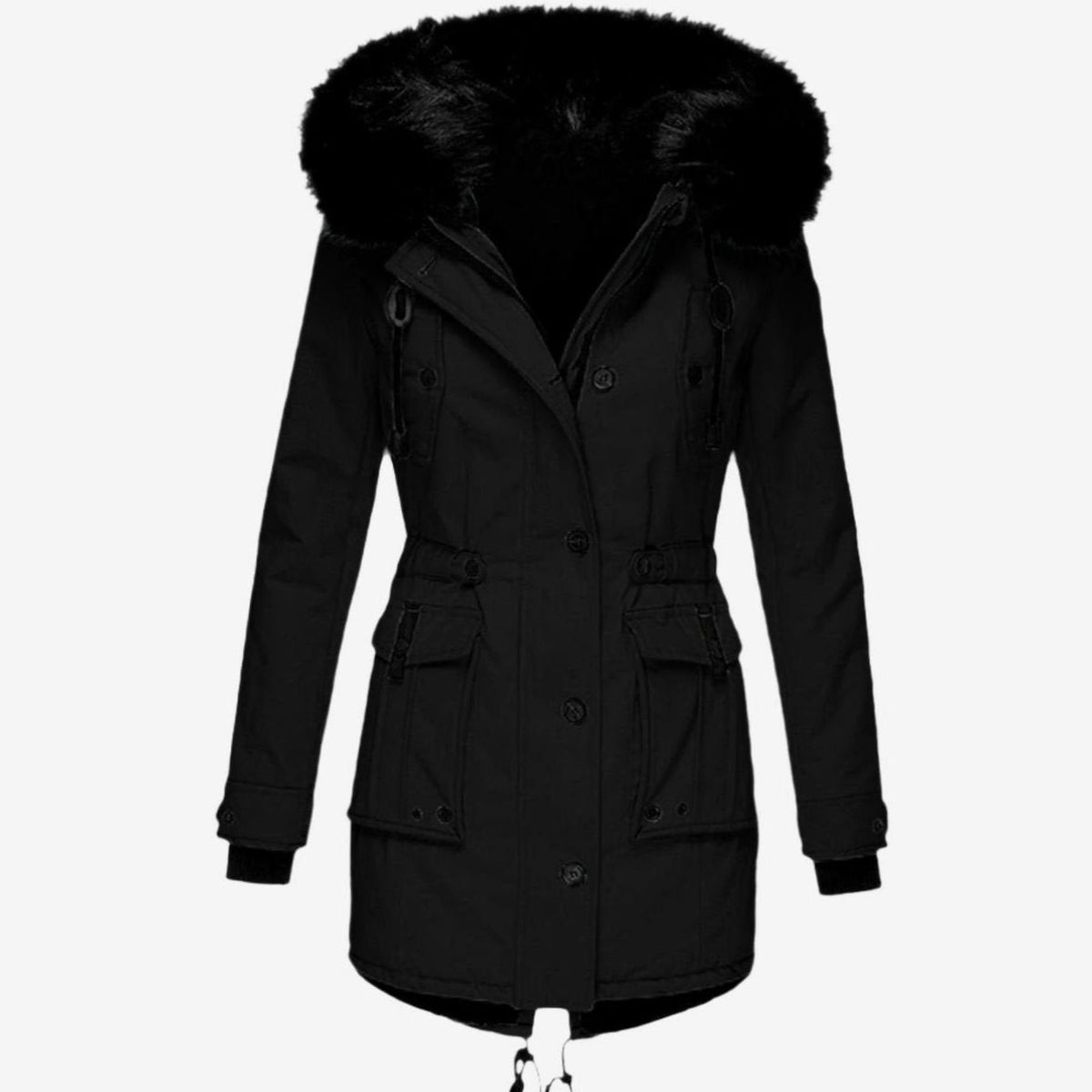 Mujer con parka de invierno entallada y capucha de pelo sintético