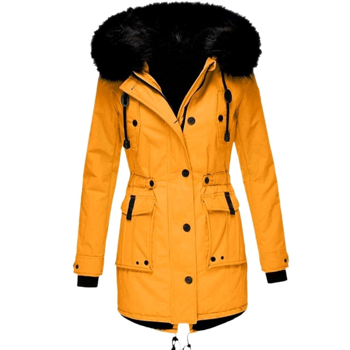 Detalle de la capucha con pelo sintético de la parka de invierno