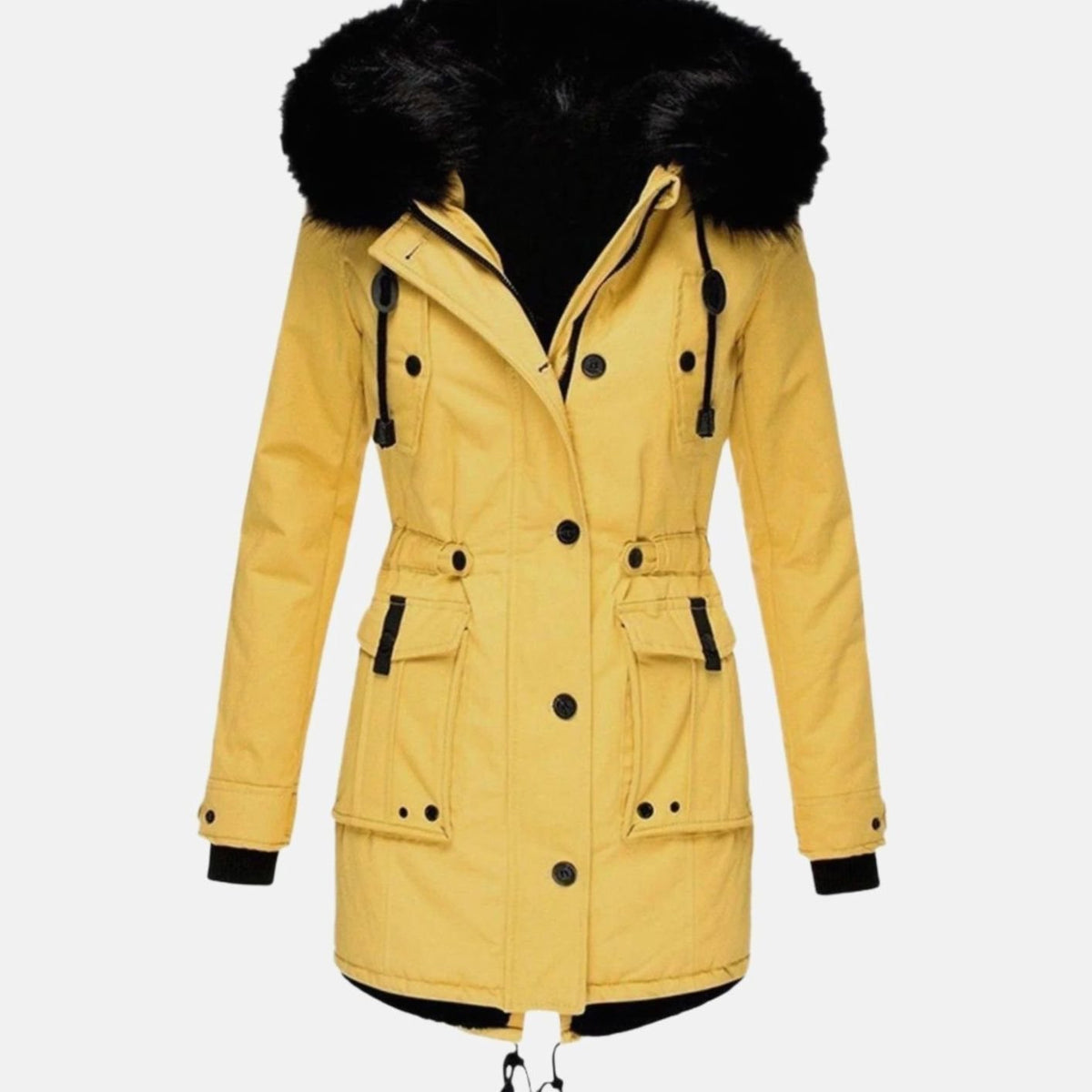 Vista lateral de la parka de invierno con capucha de pelo sintético