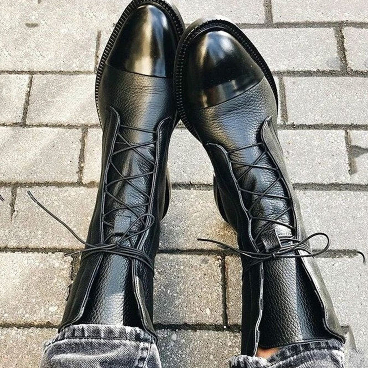Botines de piel negros con cordones para mujer, modelo NORA, vista frontal