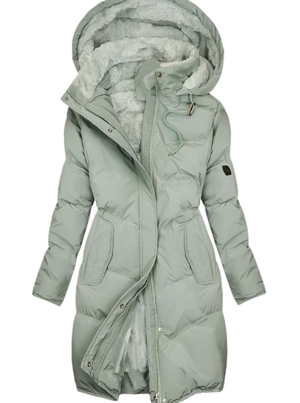 Mujer con abrigo largo acolchado NORDIKA con capucha forrada, ideal para el invierno