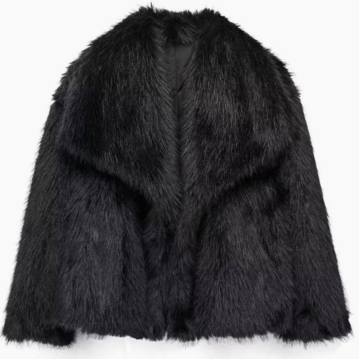 Chaqueta corta de pelo sintético doblada mostrando su textura esponjosa
