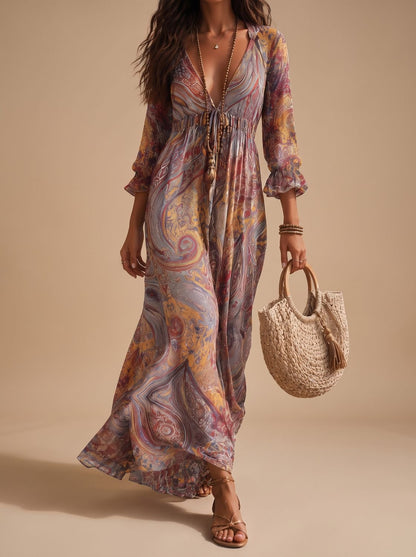 Vestido largo boho paisley PALOURA para mujer con escote en V y manga 3/4