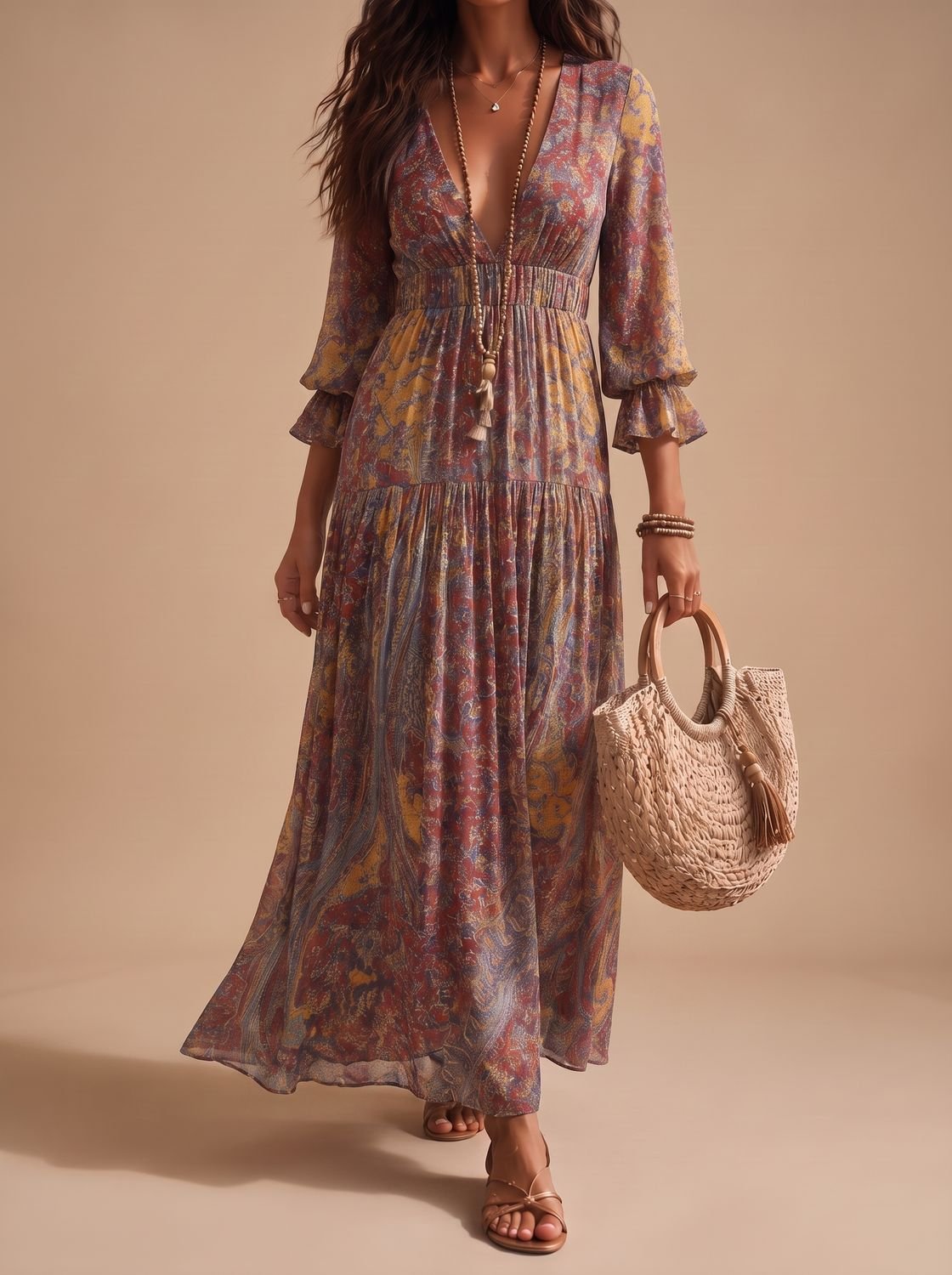 Detalle del estampado paisley multicolor del vestido maxi PALOURA