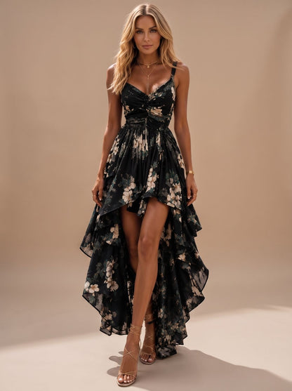 Vestido largo floral boho negro con escote en V y dobladillo asimétrico