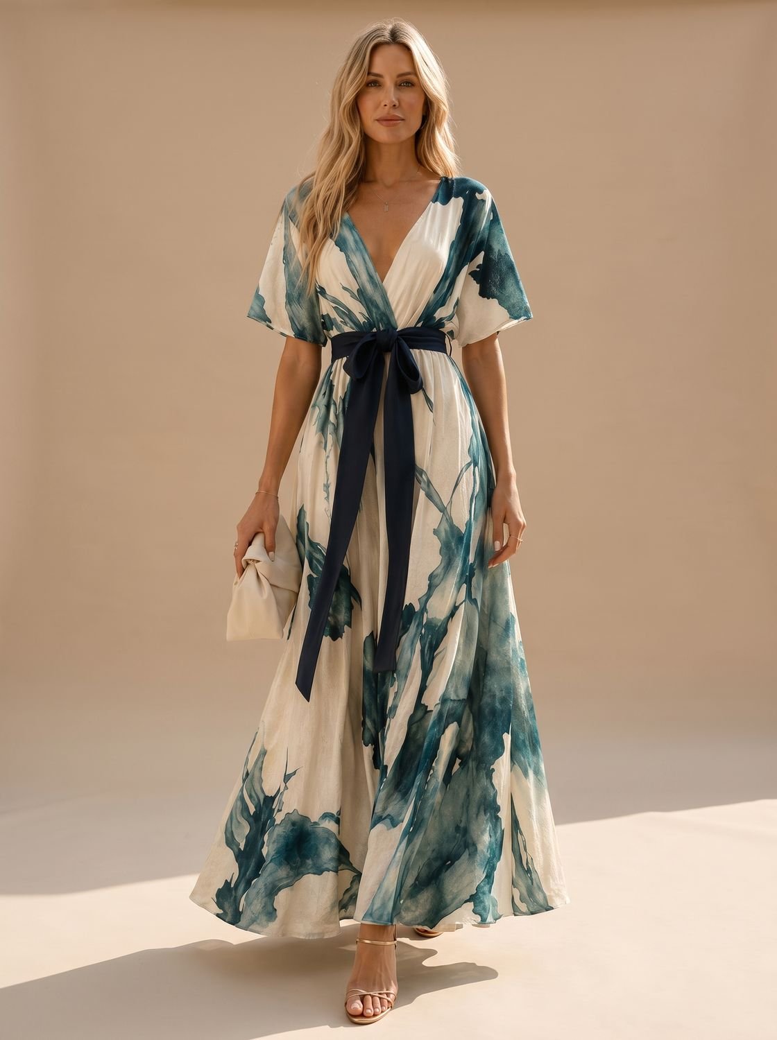 Vestido maxi boho PETRALINDA con estampado acuarela y escote en V para mujer
