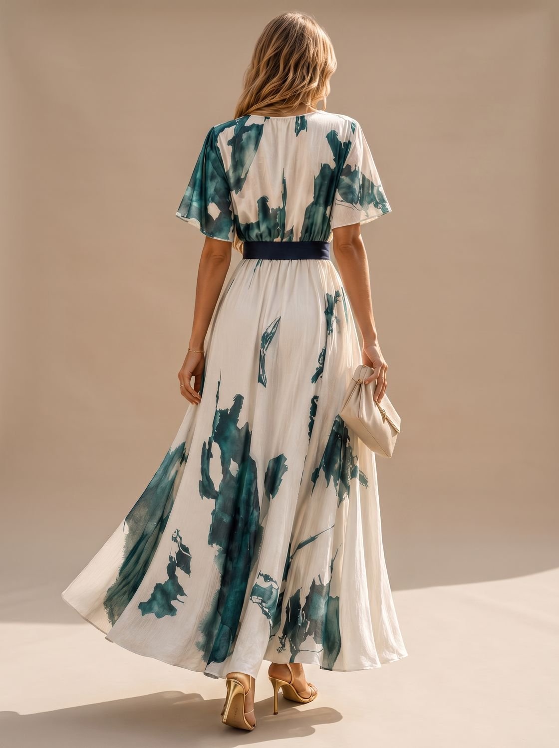 Detalle del cinturón lazo y escote cruzado del vestido maxi boho PETRALINDA