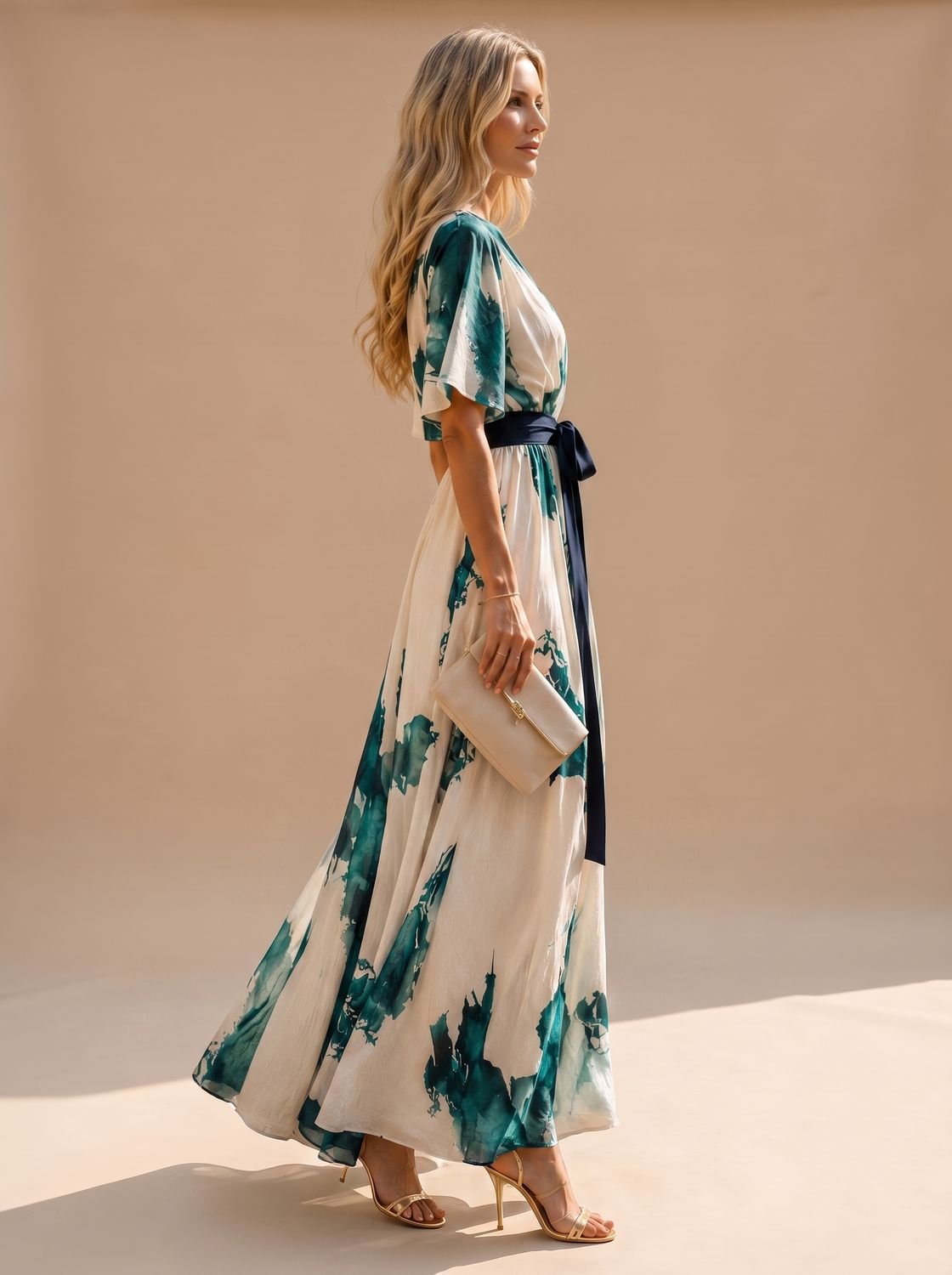 Vestido boho de mangas de volante y estampado acuarela en tonos verde azulado