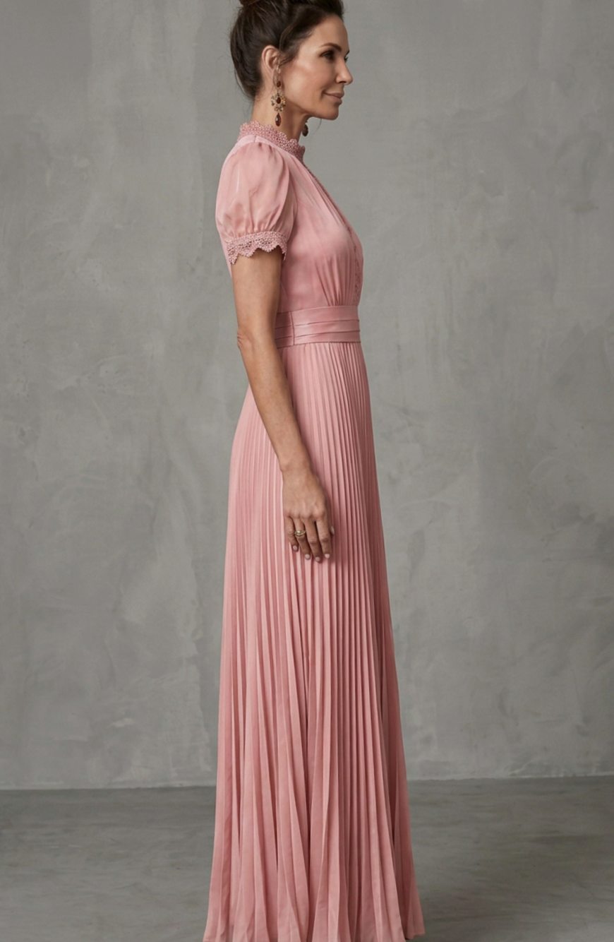 Vestido de fiesta plisado con mangas abullonadas y cinturón de satén