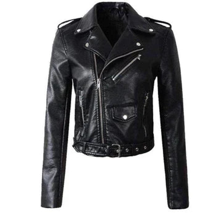 Chaqueta moto corta negra con cinturón ajustable para mujer, modelo RACHEL