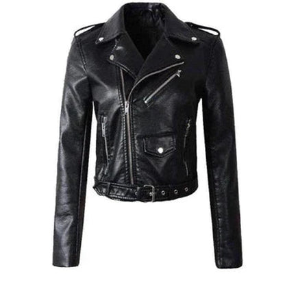Chaqueta moto corta negra con cinturón ajustable para mujer, modelo RACHEL