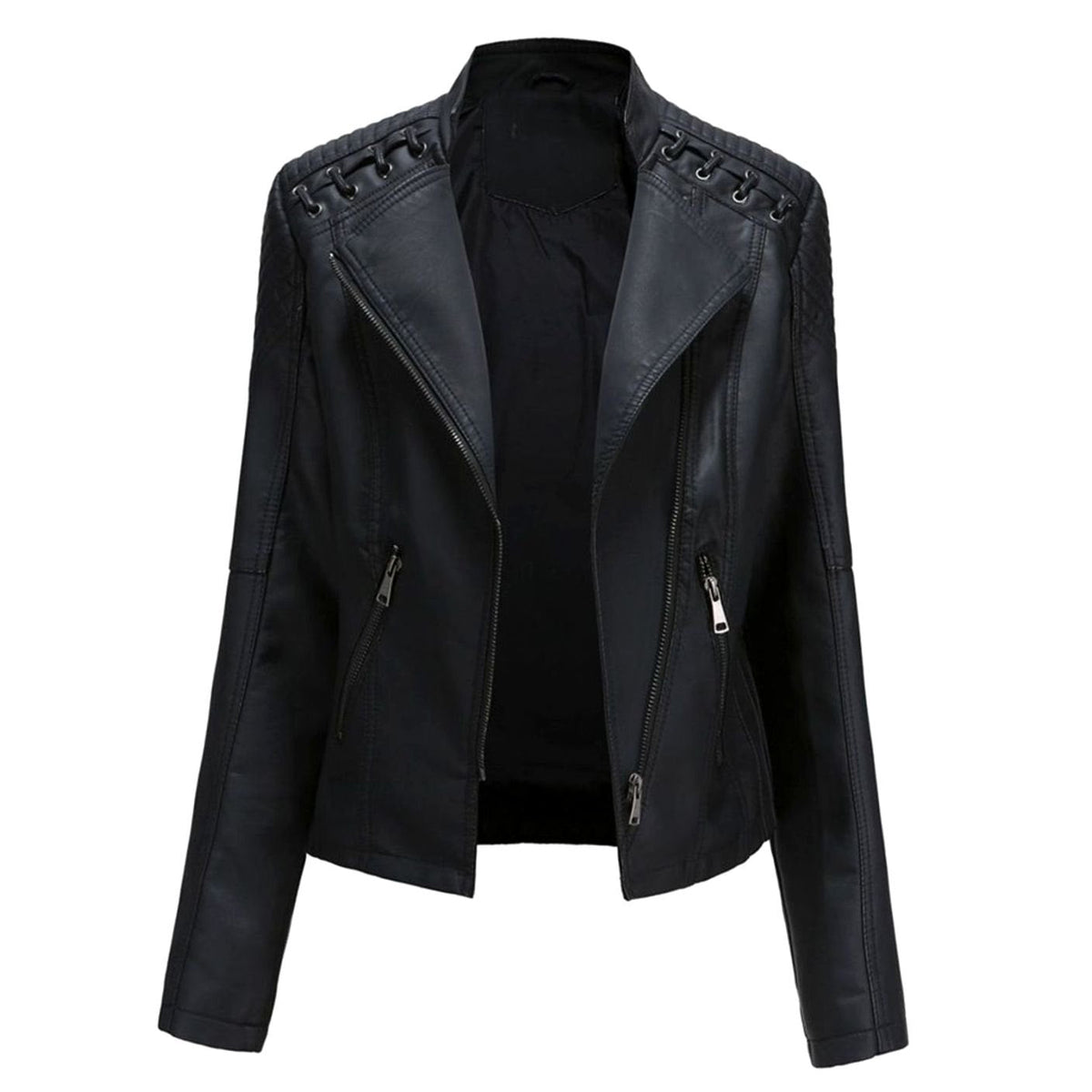 Vista lateral de la chaqueta biker entallada RAVEN en piel sintética