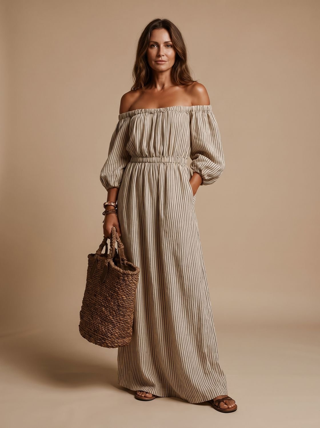 Vestido largo RAYENNE de lino a rayas con hombros descubiertos para mujer