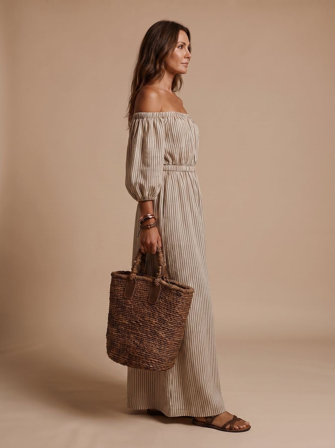 Vestido boho maxi de lino a rayas RAYENNE visto de cuerpo entero