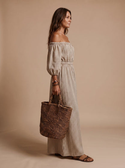 Vestido boho maxi de lino a rayas RAYENNE visto de cuerpo entero