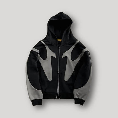 Sudadera con capucha hombre negra con paneles grises de contraste y cremallera completa