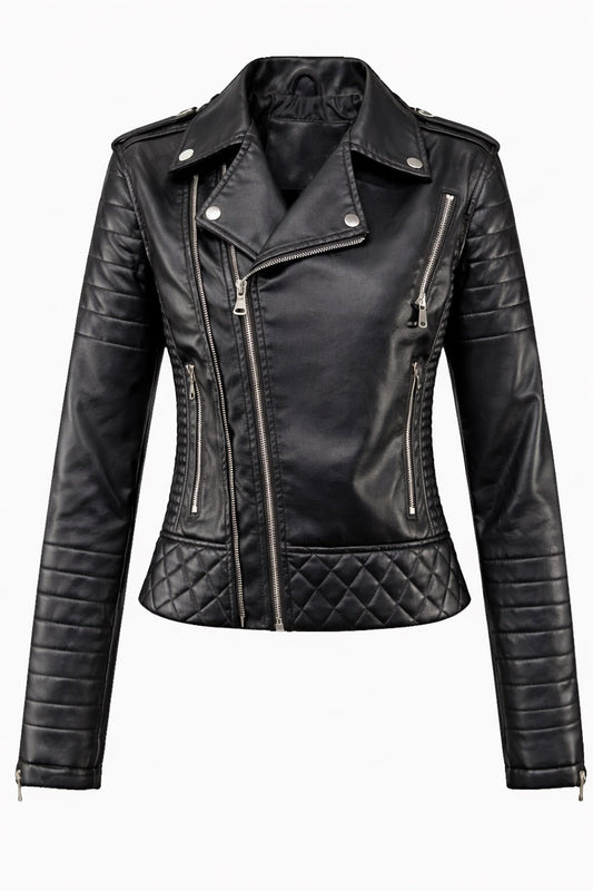 Chaqueta de moto de cuero negra RIOT para mujer con cierre de cremallera