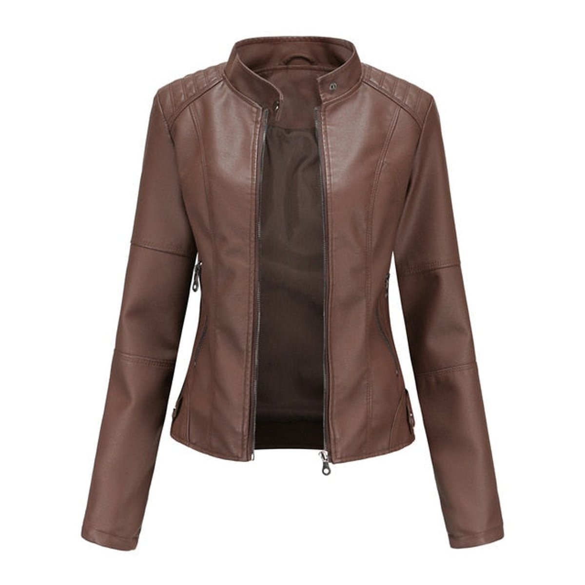 Detalle del cuello alto de la chaqueta moto entallada RIVENNA